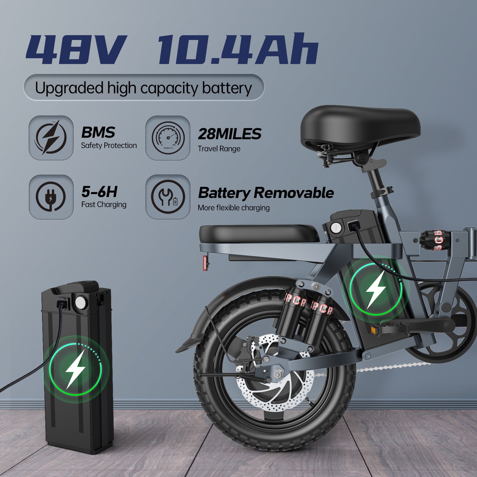 48V 10.4Ah cross-border exclusive supply of folding electric bicycles, special vehicles, motorized scooters, 14-inch folding batteries, E-BIKE electric scooters, power-assisted bicycles, motorized scooters, light bicycles, and sitting vehicles.