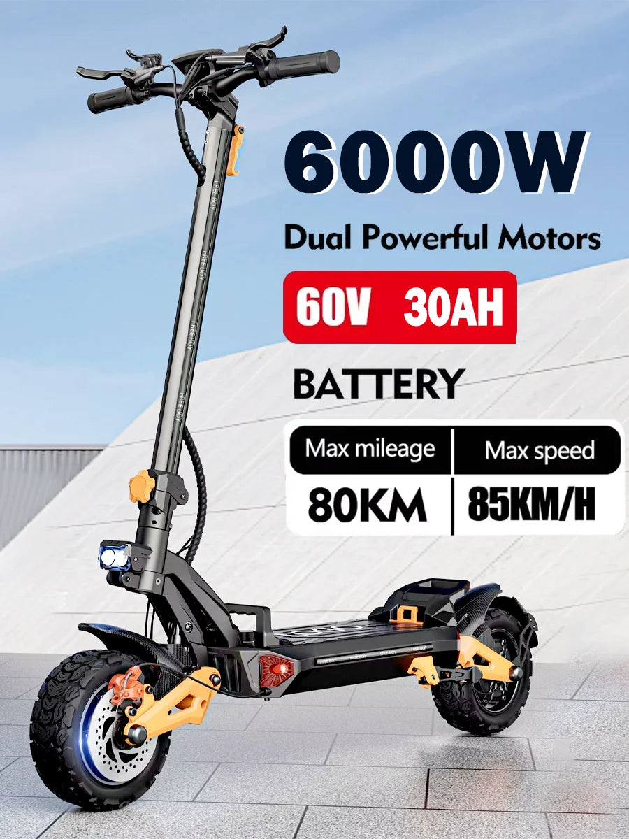 2025 New 6000w Dual Motor 60v 30ah Electric Scooter Max Speed 80km/h Range 75km Foldable 11 Inch Off-road Tires Electric Scooter