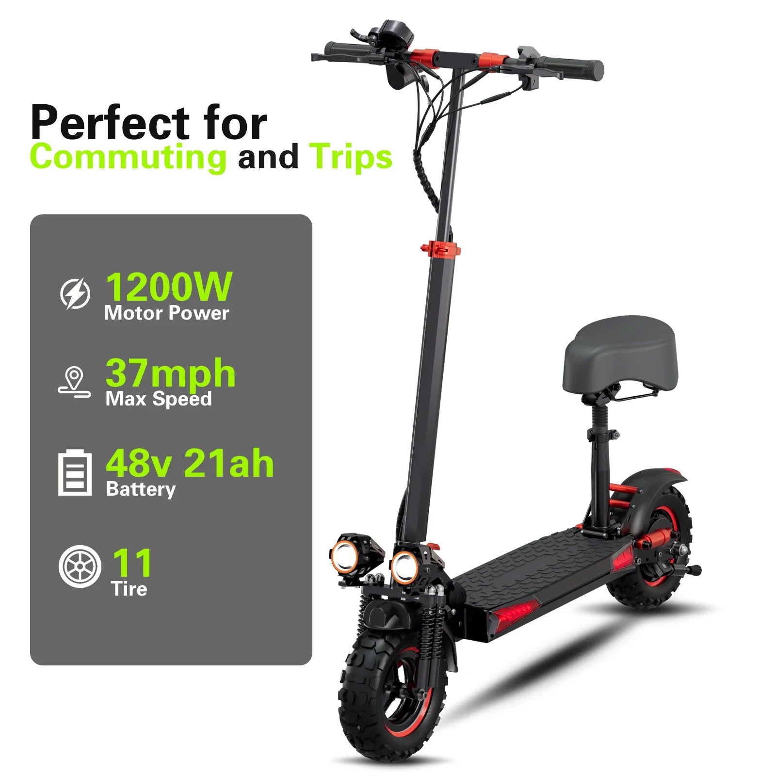 Adult electric scooter, 1200W motor, 48V, 21AH folding electric scooter, 11 fat tire electric mountain scooter